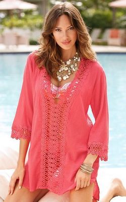 F4385-3Rosy Long Sleeves Deep V-neck Crochet Trim Casual Cover-up
